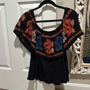 Free People Black and Orange Embroidered Flutter Sleeve Blouse
